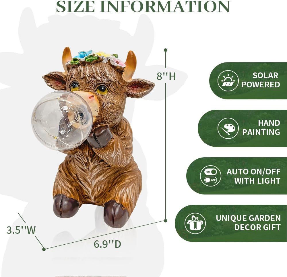 Solar Powered Cow Figurine Light with Crackle Glass Ball – Hand-Painted Resin Garden Decoration