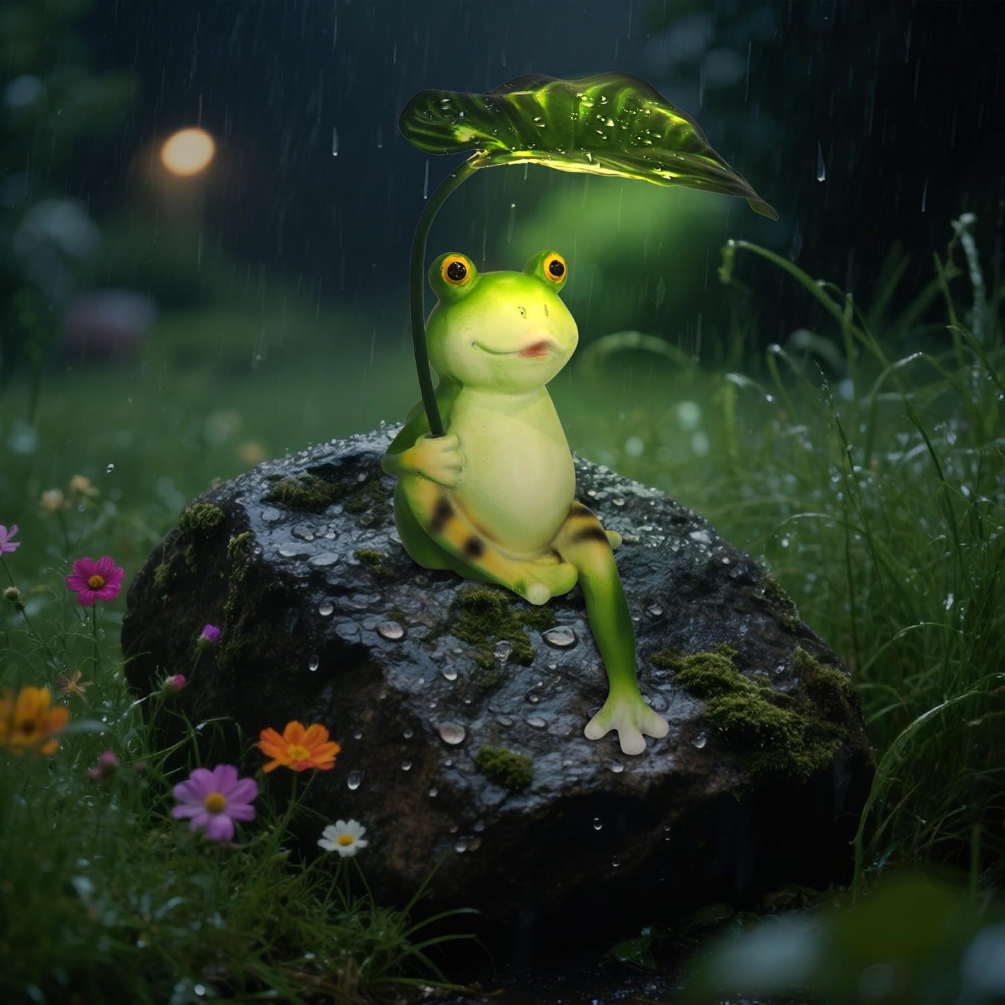 Solar-Powered Frog Statue with Leaf Light for Outdoor Garden Decoration
