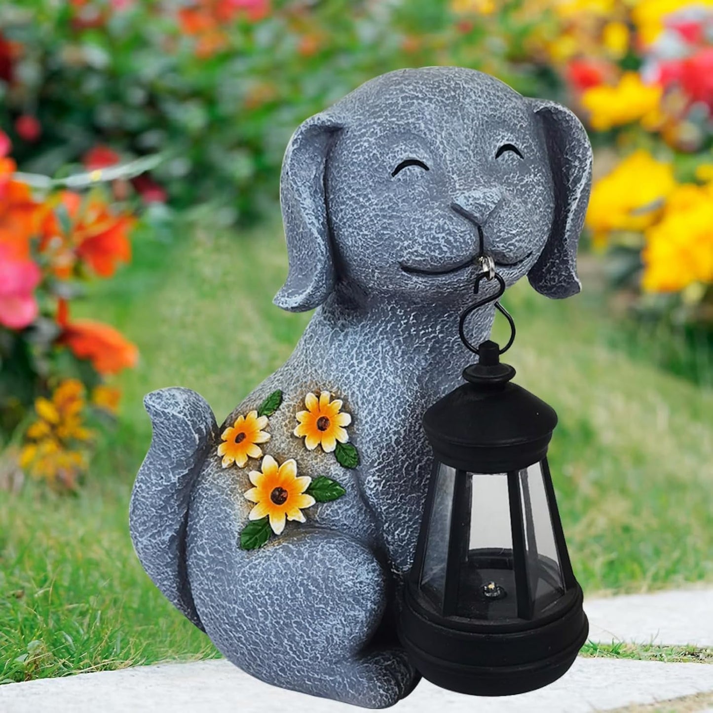 Solar Dog Figurine Light with Lantern – Hand-Painted Resin Garden Yard Pathway Decoration