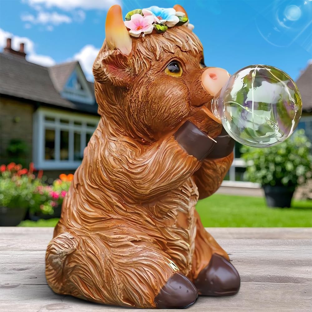 Solar Powered Cow Figurine Light with Crackle Glass Ball – Hand-Painted Resin Garden Decoration