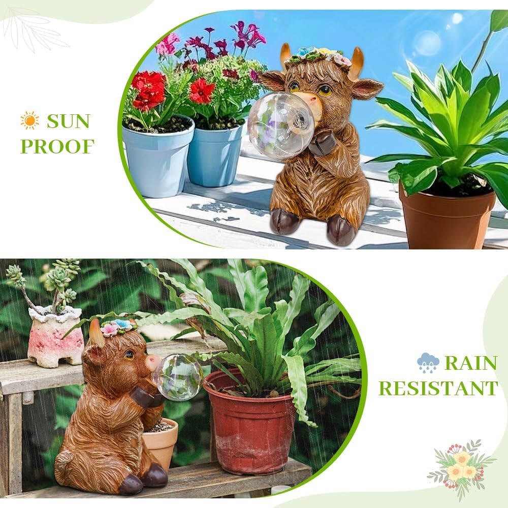 Solar Powered Cow Figurine Light with Crackle Glass Ball – Hand-Painted Resin Garden Decoration