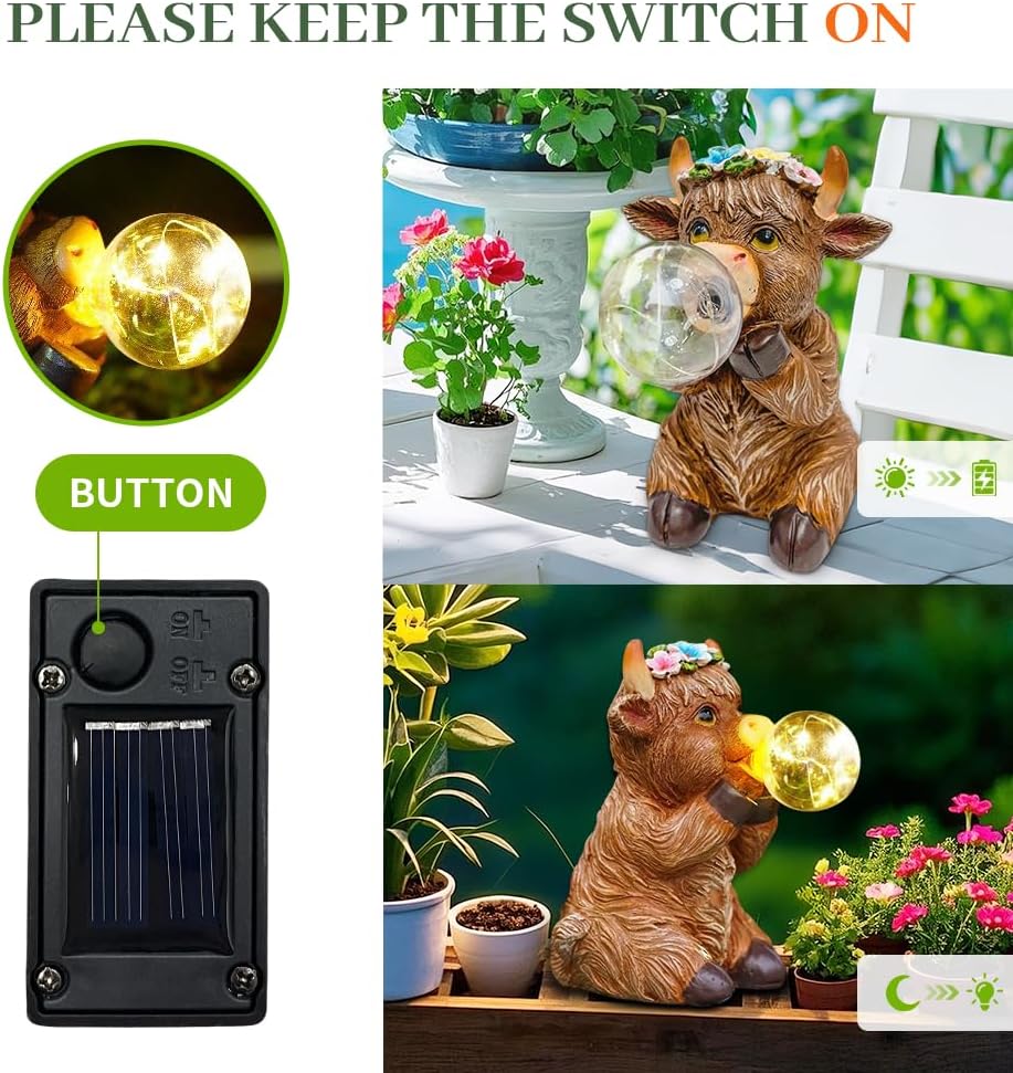 Solar Powered Cow Figurine Light with Crackle Glass Ball – Hand-Painted Resin Garden Decoration