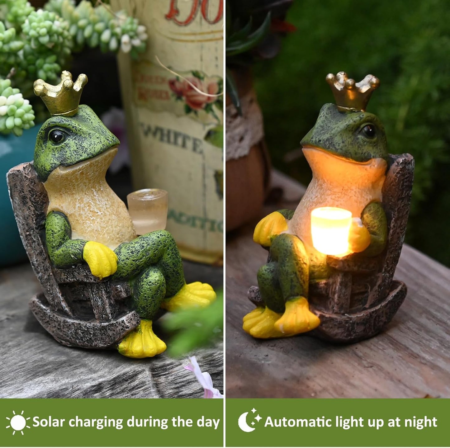 Solar-Powered Frog Prince Statue Light with Crown and Cup