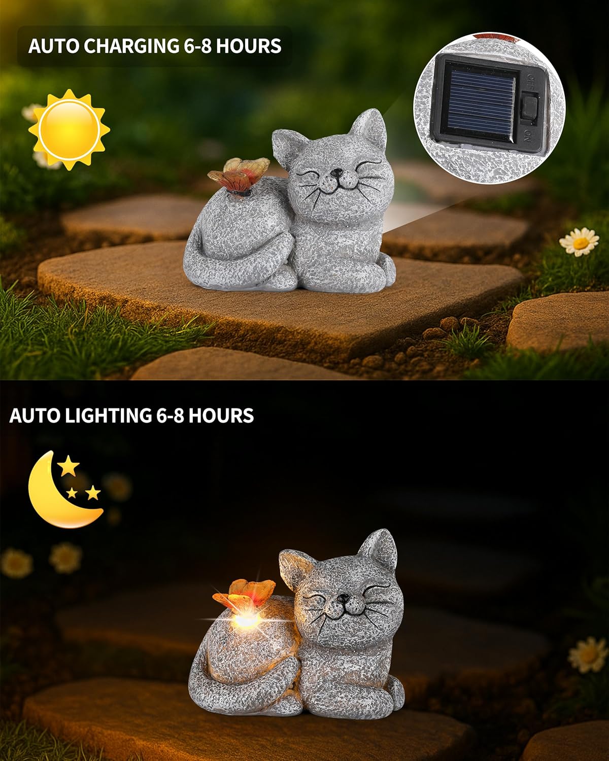 Solar-Powered Cat & Butterfly Garden Statue Light