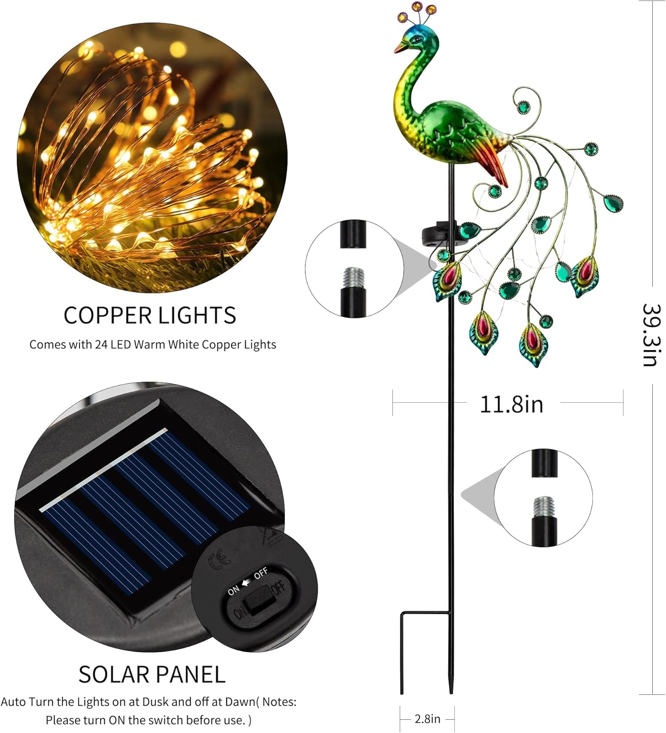 Peacock Solar Garden Light with 24 LED Copper Wire Lights – Decorative Outdoor Stake Lamp