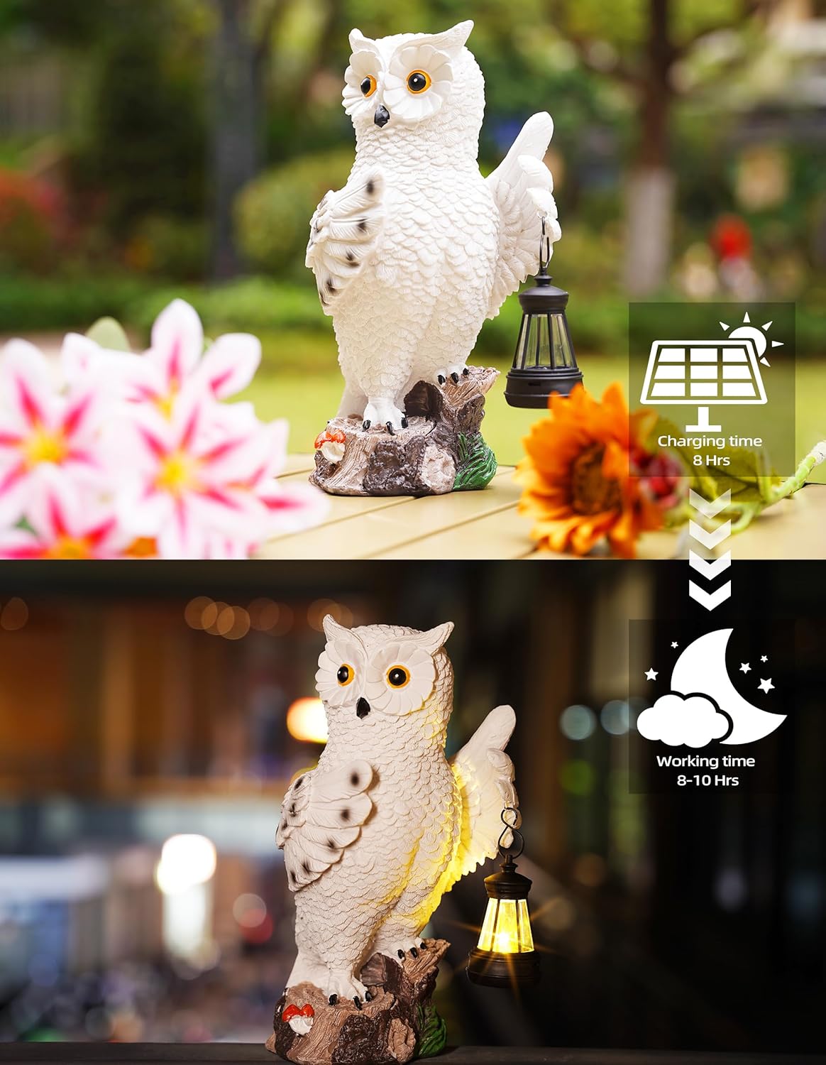 Solar-Powered Owl Statue Light with Lantern for Garden Decoration