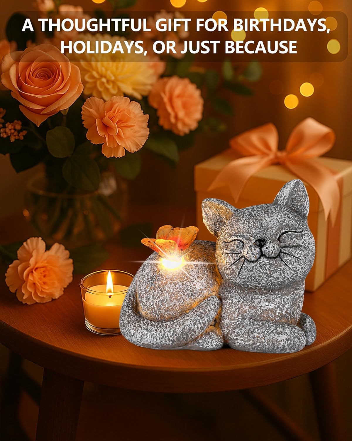 Solar-Powered Cat & Butterfly Garden Statue Light