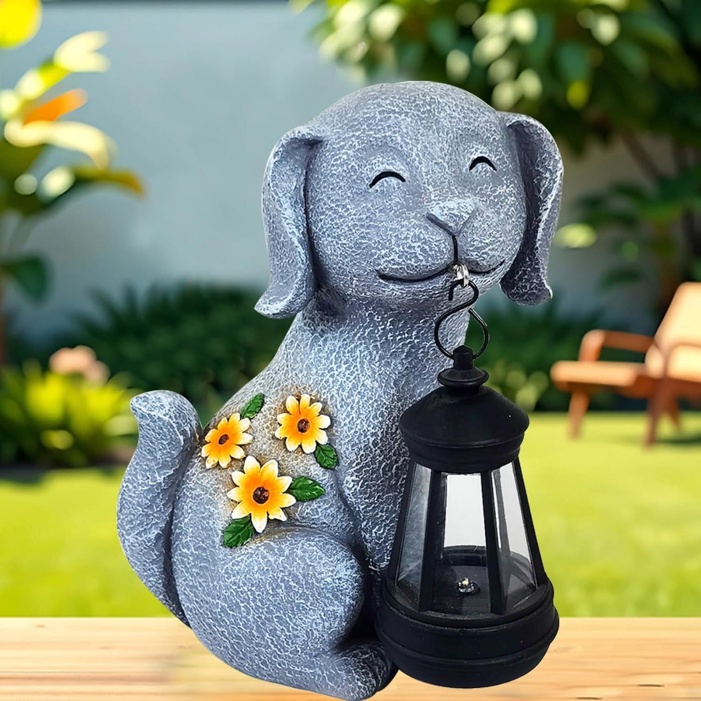 Solar Dog Figurine Light with Lantern – Hand-Painted Resin Garden Yard Pathway Decoration