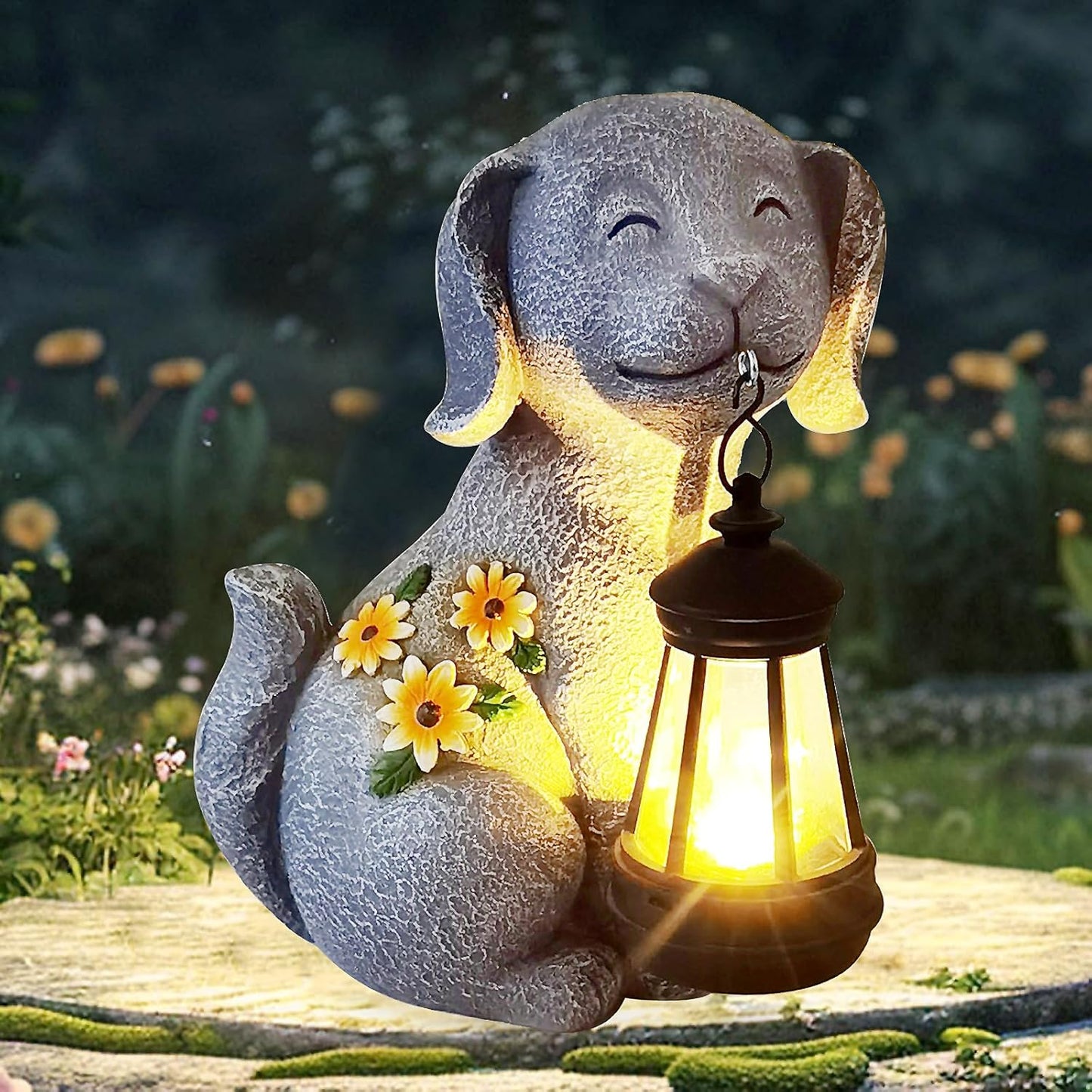 Solar Dog Figurine Light with Lantern – Hand-Painted Resin Garden Yard Pathway Decoration