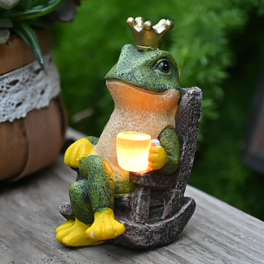 Solar-Powered Frog Prince Statue Light with Crown and Cup