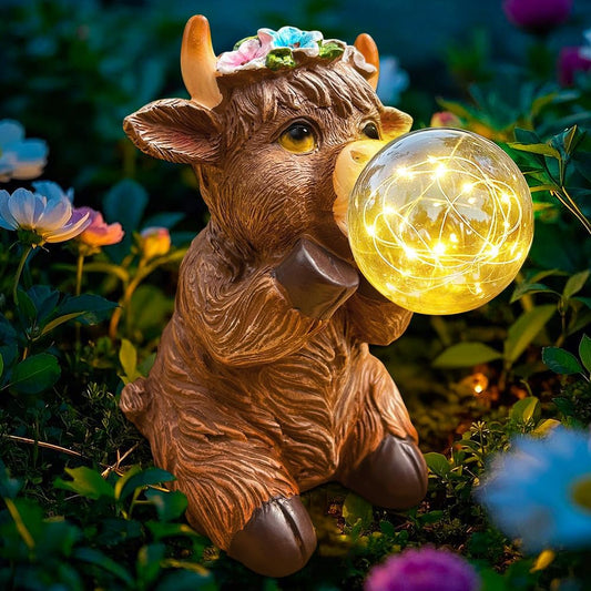 Solar Powered Cow Figurine Light with Crackle Glass Ball – Hand-Painted Resin Garden Decoration