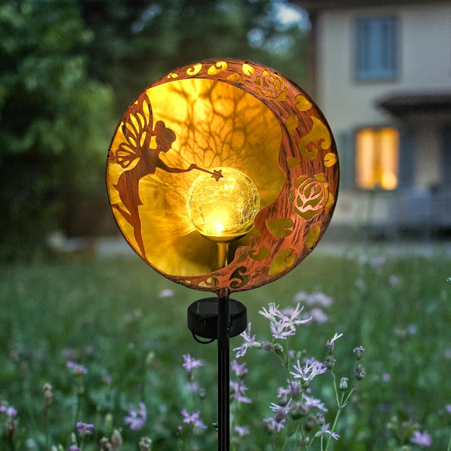 Solar-Powered Crackle Glass Ball Garden Stake Light