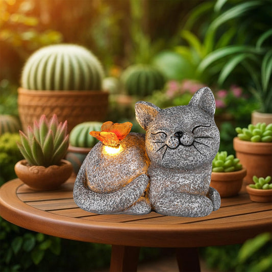 Solar-Powered Cat & Butterfly Garden Statue Light