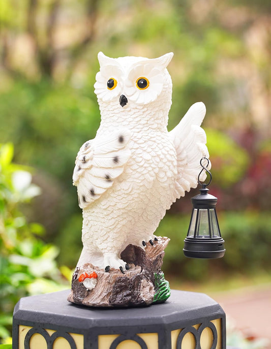 Solar-Powered Owl Statue Light with Lantern for Garden Decoration