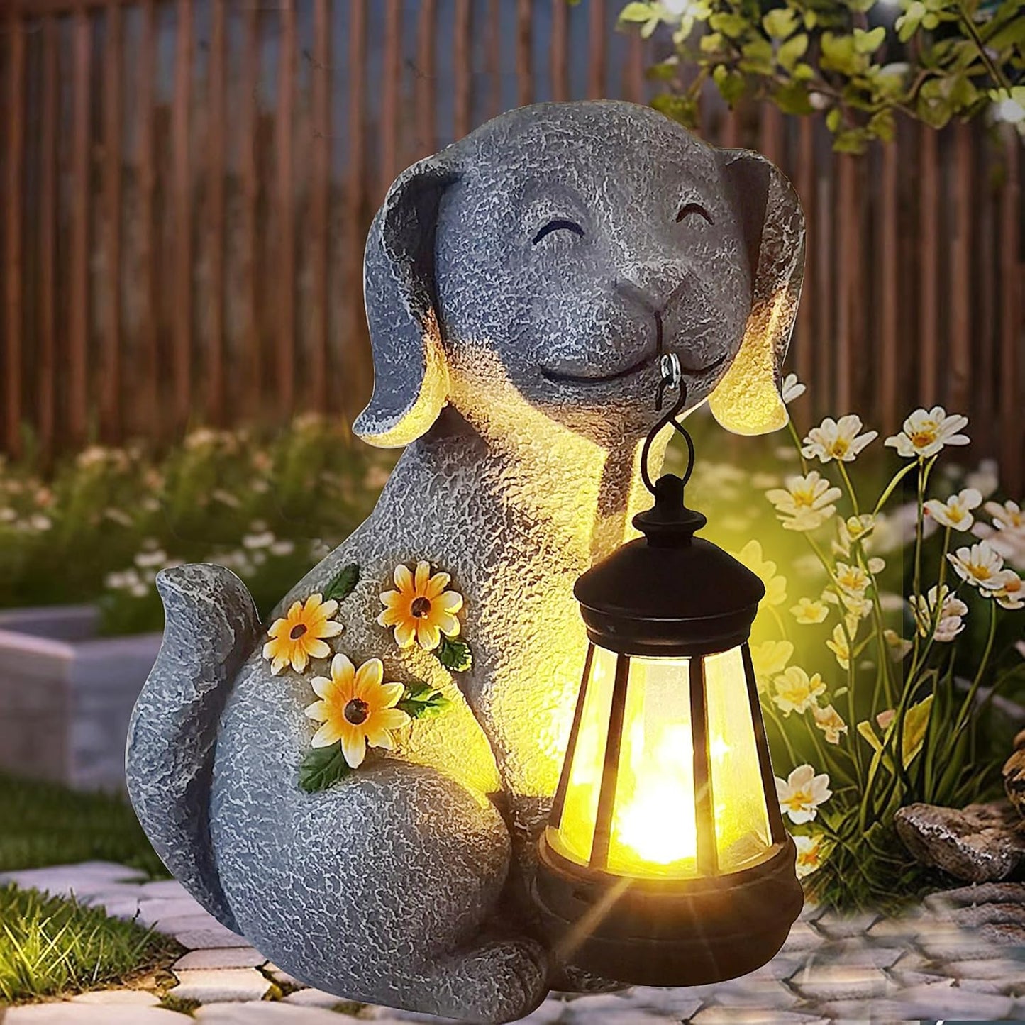 Solar Dog Figurine Light with Lantern – Hand-Painted Resin Garden Yard Pathway Decoration