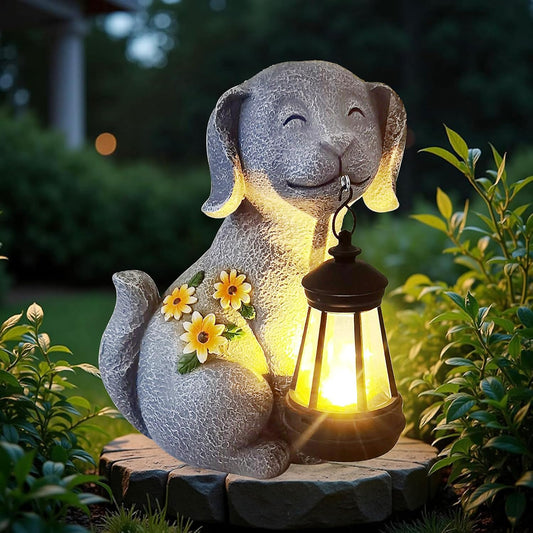 Solar Dog Figurine Light with Lantern – Hand-Painted Resin Garden Yard Pathway Decoration