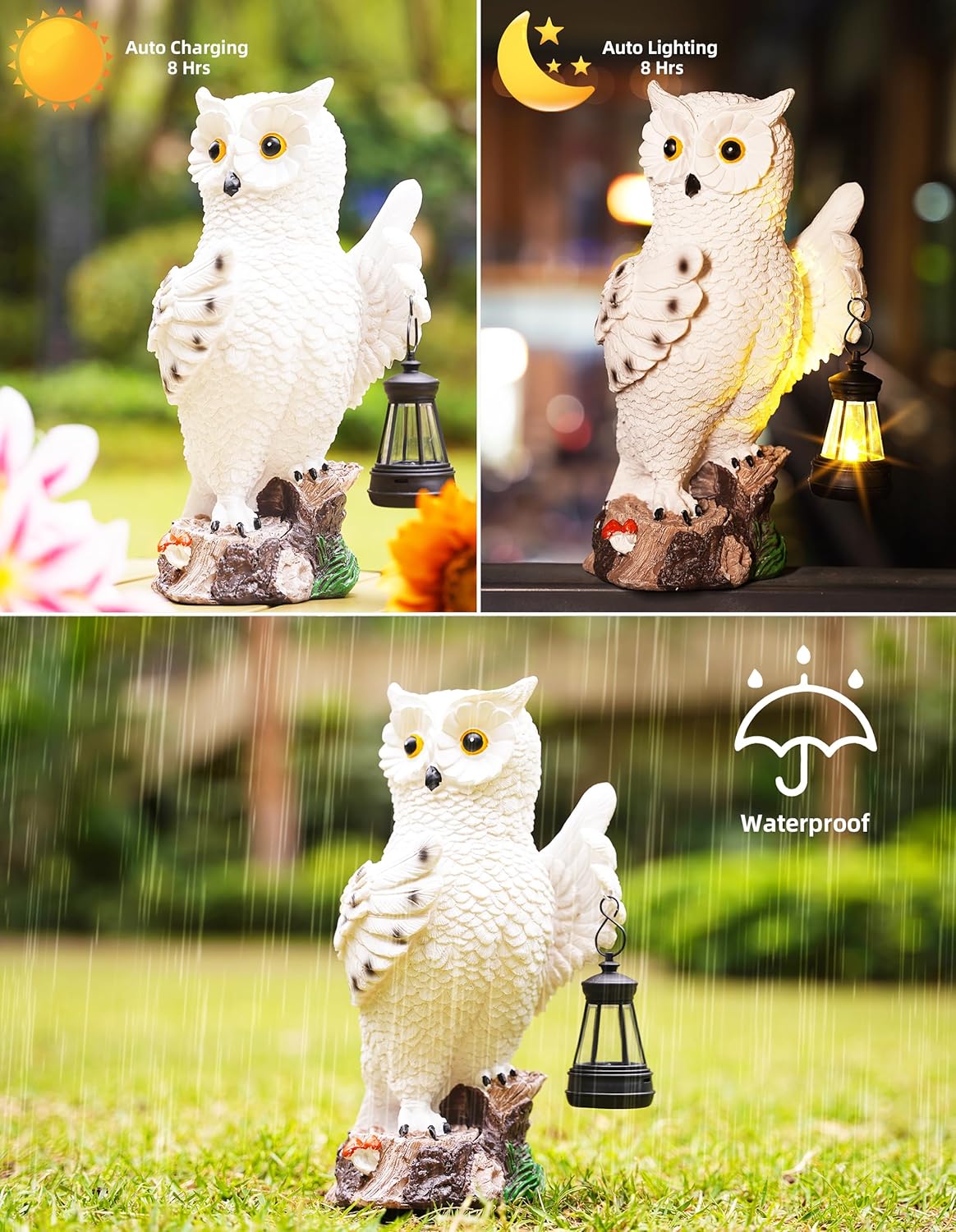 Solar-Powered Owl Statue Light with Lantern for Garden Decoration